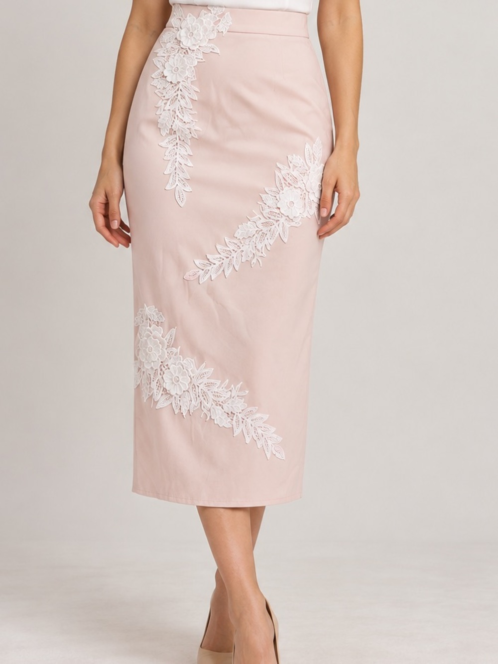 Elegant Pink Lace-Appliqué Midi Skirt